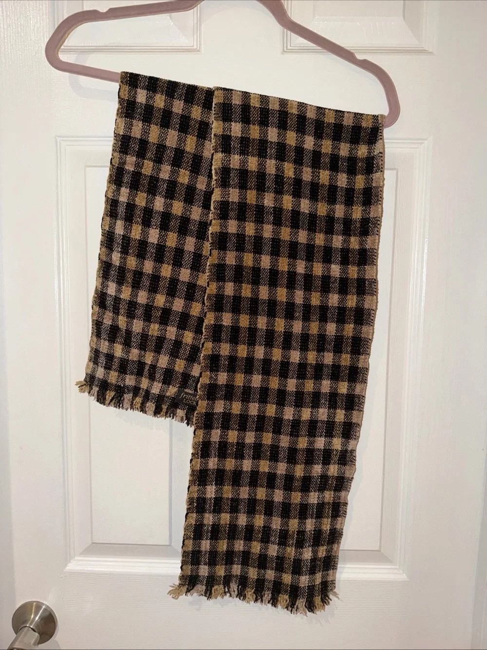 Frittelli & Lockwood Handwoven Checked Scarf in Beige,Mustard Black Chenille